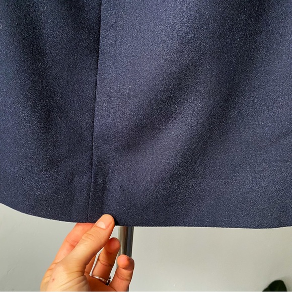 90s vintage navy blue high-waist minimalist wool midi skirt w deep front slit - Picture 7 of 7